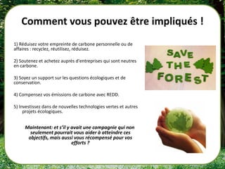 Comment vous pouvez être impliqués !
1) Réduisez votre empreinte de carbone personnelle ou de
affaires : recyclez, réutilisez, réduisez.

2) Soutenez et achetez auprès d'entreprises qui sont neutres
en carbone.

3) Soyez un support sur les questions écologiques et de
conservation.

4) Compensez vos émissions de carbone avec REDD.

5) Investissez dans de nouvelles technologies vertes et autres
     projets écologiques.


     Maintenant: et s’il y avait une compagnie qui non
       seulement pourrait vous aider à atteindre ces
      objectifs, mais aussi vous récompensé pour vos
                           efforts ?
 