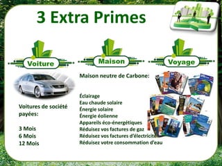 3 Extra Primes

                      Maison neutre de Carbone:


                      Éclairage
                      Eau chaude solaire
Voitures de société   Énergie solaire
payées:               Énergie éolienne
                      Appareils éco-énergétiques
3 Mois                Réduisez vos factures de gaz
6 Mois                Réduisez vos factures d’électricité
12 Mois               Réduisez votre consommation d’eau
 