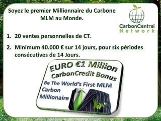 Soyez le premier Millionnaire du Carbone
            MLM au Monde.

1. 20 ventes personnelles de CT.
2. Minimum 40.000 € sur 14 jours, pour six périodes
   consécutives de 14 Jours.
 