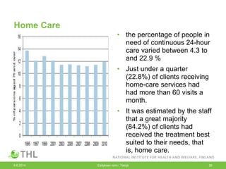 Home Care
• the percentage of people in
need of continuous 24-hour
care varied between 4.3 to
and 22.9 %
• Just under a quarter
(22.8%) of clients receiving
home-care services had
had more than 60 visits a
month.
• It was estimated by the staff
that a great majority
(84.2%) of clients had
received the treatment best
suited to their needs, that
is, home care.
9.6.2014 Esityksen nimi / Tekijä 39
 