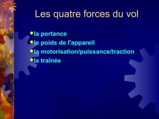 Les quatre forces du vol
la portance
le poids de l'appareil
la motorisation/puissance/traction
la traînée
 