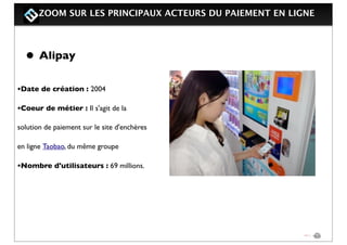ZOOM SUR LES PRINCIPAUX ACTEURS DU PAIEMENT EN LIGNE
• Alipay
•Date de création : 2004
•Coeur de métier : Il s'agit de la
solution de paiement sur le site d'enchères
en ligne Taobao, du même groupe
•Nombre d'utilisateurs : 69 millions. 
 
