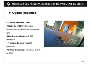 ZOOM SUR LES PRINCIPAUX ACTEURS DU PAIEMENT EN LIGNE
• Ogone (Ingenico)
•Date de création : 1996
•Coeur de métier : Opérateur
international de solutions de paiement en
ligne
•Nombre de clients : 42 000
entreprises
•Nombre d'employés : 280
personnes
•Chiffre d'affaires : 42 millions de CA
en 2012
 