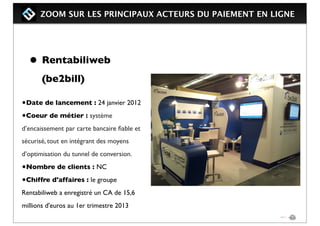 ZOOM SUR LES PRINCIPAUX ACTEURS DU PAIEMENT EN LIGNE
• Rentabiliweb
(be2bill)
•Date de lancement : 24 janvier 2012
•Coeur de métier : système
d’encaissement par carte bancaire ﬁable et
sécurisé, tout en intégrant des moyens
d’optimisation du tunnel de conversion.
•Nombre de clients : NC
•Chiffre d'affaires : le groupe
Rentabiliweb a enregistré un CA de 15,6
millions d'euros au 1er trimestre 2013
 
