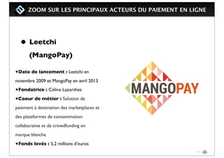 ZOOM SUR LES PRINCIPAUX ACTEURS DU PAIEMENT EN LIGNE
• Leetchi
(MangoPay)
•Date de lancement : Leetchi en
novembre 2009 et MangoPay en avril 2013
•Fondatrice : Céline Lazorthes
•Coeur de métier : Solution de
paiement à destination des marketplaces et
des plateformes de consommation
collaborative et de crowdfunding en
marque blanche
•Fonds levés : 5,2 millions d’euros
 