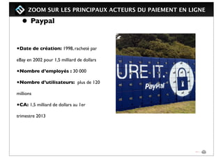 ZOOM SUR LES PRINCIPAUX ACTEURS DU PAIEMENT EN LIGNE
• Paypal
•Date de création: 1998, racheté par
eBay en 2002 pour 1,5 milliard de dollars
•Nombre d’employés : 30 000
•Nombre d’utilisateurs: plus de 120
millions
•CA: 1,5 milliard de dollars au 1er
trimestre 2013
 