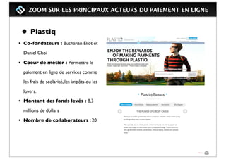 ZOOM SUR LES PRINCIPAUX ACTEURS DU PAIEMENT EN LIGNE
• Plastiq 
• Co-fondateurs : Buchanan Eliot et
Daniel Choi
• Coeur de métier : Permettre le
paiement en ligne de services comme
les frais de scolarité, les impôts ou les
loyers.
• Montant des fonds levés : 8,3
millions de dollars
• Nombre de collaborateurs : 20
 