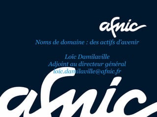 Noms de domaine : des actifs d’avenir

          Loïc Damilaville
    Adjoint au directeur général
     loic.damilaville@afnic.fr
 