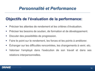 Personnalité et Performance
Objectifs de l’évaluation de la performance:
 Préciser les attentes de rendement et les critères d’évaluation.
 Préciser les besoins de soutien, de formation et de développement.
 Discuter des possibilités de progression.
 Faire le point sur le rendement, les forces et les points à améliorer.
 Échanger sur les difficultés rencontrées, les changements à venir, etc.
 Valoriser l’employé dans l’exécution de son travail et dans ses
relations interpersonnelles.
14
 