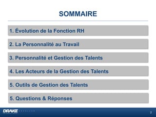 SOMMAIRE
2. La Personnalité au Travail
3. Personnalité et Gestion des Talents
5. Outils de Gestion des Talents
5. Questions & Réponses
1. Évolution de la Fonction RH
4. Les Acteurs de la Gestion des Talents
2
 