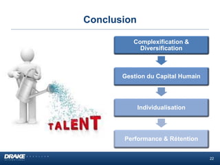 Conclusion
Complexification &
Diversification
Gestion du Capital Humain
Individualisation
Performance & Rétention
22
 