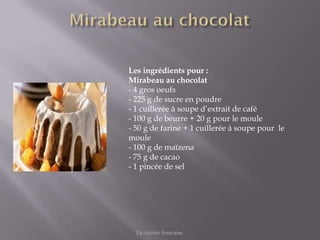 Les ingrédients pour :
Mirabeau au chocolat
- 4 gros oeufs
- 225 g de sucre en poudre
- 1 cuillerée à soupe d’extrait de café
- 100 g de beurre + 20 g pour le moule
- 50 g de farine + 1 cuillerée à soupe pour le
moule
- 100 g de maïzena
- 75 g de cacao
- 1 pincée de sel




  La cuisine francaise.
 