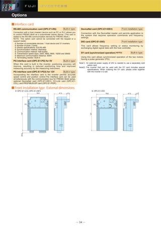DC REACTOR
D2
D1
D
W1
W
H
4xG mounting hole
Power
supply
voltage
Applicable
motor rating
[kW]
Three-
phase
200V
Three-
phase
400V
Single-
phase
200V
0.1
0.2
0.4
0.75
1.5
2.2
3.7
5.5
7.5
11
15
0.4
0.75
1.5
2.2
3.7
5.5
7.5
11
15
0.1
0.2
0.4
0.75
1.5
2.2
W
Dimensions [mm]
66
66
66
86
86
111
111
111
146
66
66
66
86
86
86
111
111
146
66
66
66
66
86
86
W1
56
56
56
71
71
95
95
95
124
56
56
56
71
71
71
95
95
124
56
56
56
56
71
71
D
90
90
90
100
100
100
100
100
120
90
90
90
100
100
100
100
100
120
90
90
90
90
100
100
D1
72
72
72
80
80
80
80
80
96
72
72
72
80
80
80
80
80
96
72
72
72
72
80
80
D2
15
20
20
10
20
20
23
24
15
15
20
20
15
20
20
24
24
15
5
15
20
20
10
20
H
94
94
94
110
110
130
130
137
171
94
94
94
110
110
110
130
130
171
94
94
94
94
110
110
Terminal hole
M4
M4
M4
M4
M4
M5
M5
M6
M6
M4
M4
M4
M4
M4
M4
M5
M5
M5
M4
M4
M4
M4
M4
M4
Mass
[kg]
1.0
1.4
1.6
1.8
2.6
3.6
3.8
4.3
5.9
1.0
1.4
1.6
2
2.6
2.6
4.2
4.3
5.9
0.8
1.0
1.4
1.6
1.8
2.6
Mountinghole
5.2 x8
5.2 x8
5.2 x8
6 x 11
6 x 11
6 x 11
7 x 11
7 x 11
7 x 11
5.2 x8
5.2 x8
5.2 x8
6 x 9
6 x 9
6 x 9
7 x 11
7 x 11
7 x 11
5.2 x8
5.2 x8
5.2 x8
5.2 x8
6 x 11
6 x 11
Inverter type
FRN0.1E1□-2■
FRN0.2E1□-2■
FRN0.4E1□-2■
FRN0.75E1□-2■
FRN1.5E1□-2■
FRN2.2E1□-2■
FRN3.7E1□-2■
FRN5.5E1□-2■
FRN7.5E1□-2■
FRN11E1□-2■
FRN15E1□-2■
FRN0.4E1□-4■
FRN0.75E1□-4■
FRN1.5E1□-4■
FRN2.2E1□-4■
FRN3.7E1□-4■
FRN5.5E1□-4■
FRN7.5E1□-4■
FRN11E1□-4■
FRN15E1□-4■
FRN0.1E1□-7■
FRN0.2E1□-7■
FRN0.4E1□-7■
FRN0.75E1□-7■
FRN1.5E1□-7■
FRN2.2E1□-7■
REACTOR
type
DCR2-0.4
DCR2-0.75
DCR2-1.5
DCR2-2.2
DCR2-3.7
DCR2-5.5
DCR2-7.5
DCR2-11
DCR2-15
DCR4-0.4
DCR4-0.75
DCR4-1.5
DCR4-2.2
DCR4-3.7
DCR4-5.5
DCR4-7.5
DCR4-11
DCR4-15
DCR2-0.2
DCR2-0.4
DCR2-0.75
DCR2-1.5
DCR2-2.2
DCR2-3.7
DCR2-0.2 66 56 90 72 5 94 5.2x 8 M4 0.8
L
8
1
Optional type
CB-5S
CB-3S
CB-1S
Length (m)
5
3
1
Connector type: RJ-45
18.2 61 9.5
2×M3
(13.775)8.17
10.5104.6
Backside view
15.08(14.615)
Panel cut part
(10.5)
(128.5)
23
1
104.6
4.558
(80)
(9.5)61
2 4
80
128.5
(16.98)
8.1
11.68
(53.8) 15.24
11.4
[Unit: mm]
■Multi-function keypad (TP-G1) ■ Extension cable for remote operation(CB-□s)
This is used to connect the inverter and the remote keypad.Connection with FRENIC-Multi using an extension cable for remote
operation (optional) enables remote operation, function code data
setting, monitoring, etc. from the keypad keys and panel.
The keypad is equipped with an LCD panel (with backlight) and the
copy function (for three inverter data).
The code in □ represents followings; S: standard model, E: EMC filter built-in type
The code in ■ represents followings; A(Asia), K(Korea, Taiwan) , C(China)
Options
 