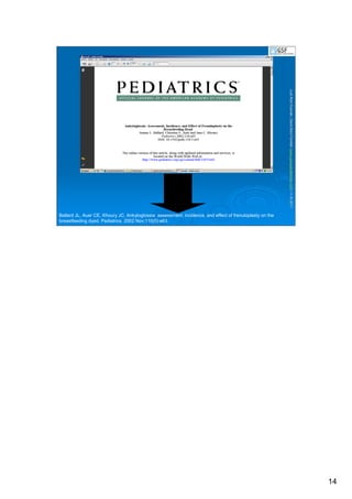 14
LuisRuizGuzmLuisRuizGuzmáán,n,GavGavààSalutSalutFamiliar(Familiar(www.gavasalutfamiliar.comwww.gavasalutfamiliar.com)11)11--XIXI--20112011
Ballard JL, Auer CE, Khoury JC. Ankyloglossia: assessment, incidence, and effect of frenuloplasty on the
breastfeeding dyad. Pediatrics. 2002 Nov;110(5):e63.
 