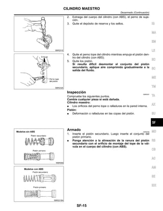 SBR231E
2. Extraiga del cuerpo del cilindro (con ABS), el perno de suje-
cio´n.
3. Quite el depo´sito de reserva y los sellos.
SBR232E
4. Quite el perno tope del cilindro mientras empuja el pisto´n den-
tro del cilindro (con ABS).
5. Quite los pisto´n.
Si resulta difı´cil desmontar el conjunto del pisto´n
secundario, aplique aire comprimido gradualmente a la
salida del fluido.
Inspeccio´n NIBR0097
Compruebe los siguientes puntos.
Cambie cualquier pieza si esta´ dan˜ada.
Cilindro maestro:
¼ Los orificios del perno tope o ralladuras en la pared interna.
Pisto´n:
¼ Deformacio´n o ralladuras en las copas del pisto´n.
WBR068
SBR221BA
Armado NIBR0098
1. Inserte el pisto´n secundario. Luego inserte el conjunto del
pisto´n primario.
¼ Ponga atencio´n a la alineacio´n de la ranura del pisto´n
secundario con el orificio de montaje del tope de la va´l-
vula en el cuerpo del cilindro (con ABS).
IG
MA
EM
LE
EC
SC
ME
TM
TA
AX
SU
MD
RS
CB
AC
AM
SE
IDX
CILINDRO MAESTRO
Desarmado (Continuacio´n)
SF-15
 