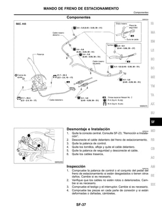 Componentes NIBR0044
WBR070
SBR025D
Desmontaje e Instalacio´n NIBR0045
1. Quite la consola central. Consulte SF-23, “Remocio´n e Instala-
cio´n”.
2. Desconecte el cable delantero del freno de estacionamiento.
3. Quite la palanca de control.
4. Quite los tornillos, afloje y quite el cable delantero.
5. Quite la palanca de seguridad y desconecte el cable.
6. Quite los cables traseros.
Inspeccio´n NIBR0046
1. Compruebe la palanca de control o el conjunto del pedal del
freno de estacionamiento si esta´n desgastados o tienen otros
dan˜os. Cambie si es necesario.
2. Verifique que los cables no este´n rotos o deteriorados. Cam-
bie si es necesario.
3. Compruebe el testigo y el interruptor. Cambie si es necesario.
4. Compruebe las piezas en cada parte de conexio´n y si esta´n
deformadas o dan˜adas, ca´mbielas.
IG
MA
EM
LE
EC
SC
ME
TM
TA
AX
SU
MD
RS
CB
AC
AM
SE
IDX
MANDO DE FRENO DE ESTACIONAMIENTO
Componentes
SF-37
 