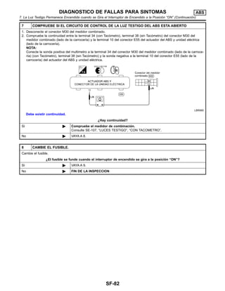 7 COMPRUEBE SI EL CIRCUITO DE CONTROL DE LA LUZ TESTIGO DEL ABS ESTA ABIERTO
1. Desconecte el conector M30 del medidor combinado.
2. Compruebe la continuidad entre la terminal 34 (con Taco´metro), terminal 38 (sin Taco´metro) del conector M30 del
medidor combinado (lado de la carrocerı´a) y la terminal 10 del conector E55 del actuador del ABS y unidad ele´ctrica
(lado de la carrocerı´a).
NOTA:
Conecte la sonda positiva del multı´metro a la terminal 34 del conector M30 del medidor combinado (lado de la carroce-
rı´a) (con Taco´metro), terminal 38 (sin Taco´metro) y la sonda negativa a la terminal 10 del conector E55 (lado de la
carrocerı´a) del actuador del ABS y unidad ele´ctrica.
LBR065
Debe existir continuidad.
¿Hay continuidad?
Sı´ ᮣ Compruebe el medidor de combinacio´n.
Consulte SE-107, “LUCES TESTIGO”, “CON TACOMETRO”.
No ᮣ VAYA A 8.
8 CAMBIE EL FUSIBLE.
Cambie el fusible.
¿El fusible se funde cuando el interruptor de encendido se gira a la posicio´n “ON”?
Sı´ ᮣ VAYA A 9.
No ᮣ FIN DE LA INSPECCION
DIAGNOSTICO DE FALLAS PARA SINTOMAS ABS
7. La Luz Testigo Permanece Encendida cuando se Gira el Interruptor de Encendido a la Posicio´n “ON” (Continuacio´n)
SF-82
 