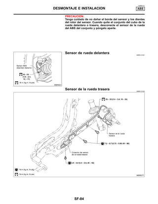 =NIBR0131
PRECAUCION:
Tenga cuidado de no dan˜ar el borde del sensor y los dientes
del rotor del sensor. Cuando quite el conjunto del cubo de la
rueda delantera o trasera, desconecte el sensor de la rueda
del ABS del conjunto y po´ngalo aparte.
WBR041
Sensor de rueda delantera NIBR0131S01
Sensor de la rueda trasera NIBR0131S02
WBR077
DESMONTAJE E INSTALACION ABS
SF-84
 
