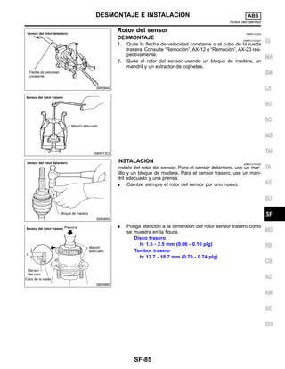 SBR984C
SBR873CA
Rotor del sensor NIBR0131S03
DESMONTAJE NIBR0131S0301
1. Quite la flecha de velocidad constante o el cubo de la rueda
trasera. Consulte “Remocio´n”, AX-12 o “Remocio´n”, AX-23 res-
pectivamente.
2. Quite el rotor del sensor usando un bloque de madera, un
mandril y un extractor de cojinetes.
SBR985C
INSTALACION NIBR0131S0302
Instale del rotor del sensor. Para el sensor delantero, use un mar-
tillo y un bloque de madera. Para el sensor trasero, use un man-
dril adecuado y una prensa.
¼ Cambie siempre el rotor del sensor por uno nuevo.
SBR986C
¼ Ponga atencio´n a la dimensio´n del rotor sensor trasero como
se muestra en la figura.
Disco trasero
h: 1.5 - 2.5 mm (0.06 - 0.10 plg)
Tambor trasero
h: 17.7 - 18.7 mm (0.70 - 0.74 plg)
IG
MA
EM
LE
EC
SC
ME
TM
TA
AX
SU
MD
RS
CB
AC
AM
SE
IDX
DESMONTAJE E INSTALACION ABS
Rotor del sensor
SF-85
 