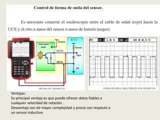 Ventajas:
Su principal ventaja es que puede ofrecer datos fiables a
cualquier velocidad de rotación .
Desventaja son de mayor complejidad y precio con respecto a
un sensor inductivo
 