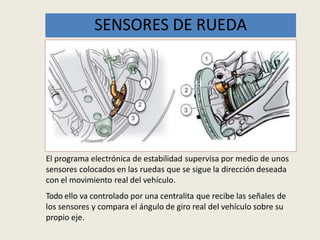 SENSORES DE RUEDA
El programa electrónica de estabilidad supervisa por medio de unos
sensores colocados en las ruedas que se sigue la dirección deseada
con el movimiento real del vehículo.
Todo ello va controlado por una centralita que recibe las señales de
los sensores y compara el ángulo de giro real del vehículo sobre su
propio eje.
 