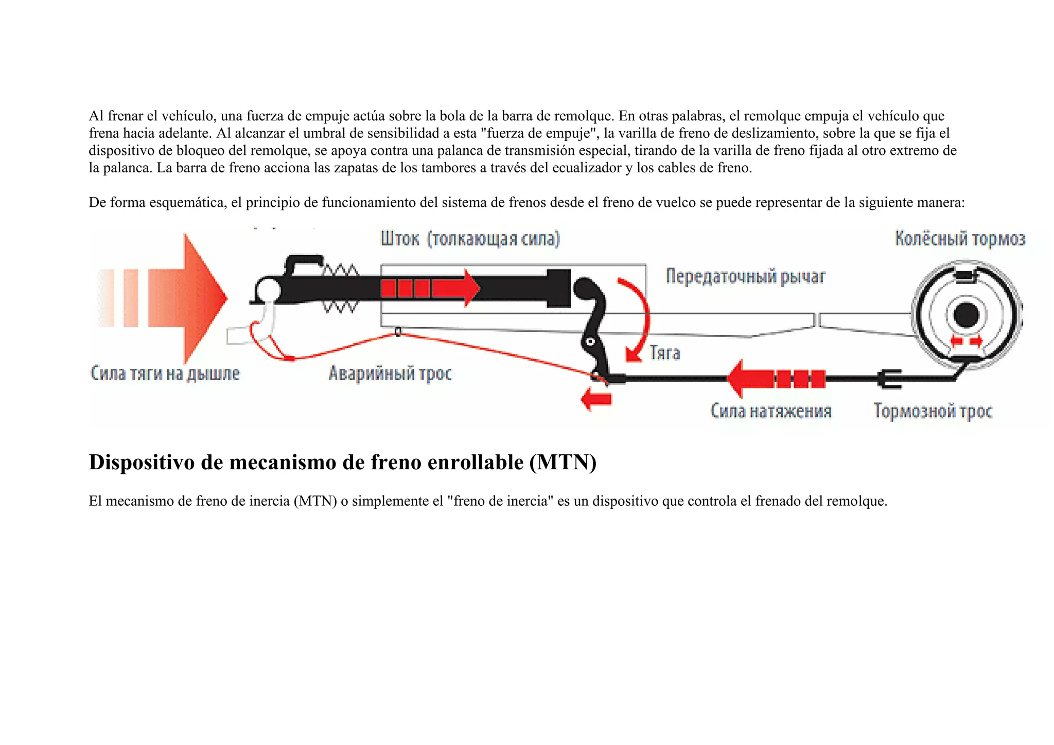 Al frenar el vehículo, una fuerza de empuje actúa sobre la bola de la barra de remolque. En otras palabras, el remolque empuja el vehículo que
frena hacia adelante. Al alcanzar el umbral de sensibilidad a esta "fuerza de empuje", la varilla de freno de deslizamiento, sobre la que se fija el
dispositivo de bloqueo del remolque, se apoya contra una palanca de transmisión especial, tirando de la varilla de freno fijada al otro extremo de
la palanca. La barra de freno acciona las zapatas de los tambores a través del ecualizador y los cables de freno.
De forma esquemática, el principio de funcionamiento del sistema de frenos desde el freno de vuelco se puede representar de la siguiente manera:
Dispositivo de mecanismo de freno enrollable (MTN)
El mecanismo de freno de inercia (MTN) o simplemente el "freno de inercia" es un dispositivo que controla el frenado del remolque.
 