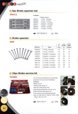 6pc Brake spanner set
50612
• Brake spanner
608
Contents:
6080610
6080608
6080810
6080911
6080607
6081109
6-Brake spanner
l/4"Sq. - lOmmSq.
l/4"Sq. - 5/16"OE
SmmHex - lOmmHex
9mmHex - 11 mmHex
l/4"Hex-7nimHex
7/16"OE- ll/32"Sq.
30/17.8/18.8/1.3' 593g
sPart no. Size mm g pc/box
6080610 l/4"Sq.-10mmSq. 175 82 10
6080608 l/4"Sq.-5/16"OE. 175 84 10
6080810 8mmHex.- lOmmHex. 175 S2 10
6080911 9 m m H e x . - l I m m H e x . 175 100 10
6080607 l / 4 " H e x . - 7 m n i H e x . 175 84 10
6081109 7 / 1 6 " O E . - l l / 3 2 " S q . 175 100 10
6081114 7/16"OE.-9/16"OE. 175 102 10
6081113 1 l m m O E . - 1 3 m m O E . 175 108 10
6081011 l O m m O E . - l I m m O E . 175 92 10
24pc Brake service kit
924B1 Use all vehicle manufacturers recommended
procedures for removal and installation.
Contents:
• Brake tool set
• Manual brake gauge set
• Rear disc brake piston cube
• Disc brake pad spreader with 1 pc screw
• GM-Ford disc brake piston tool
• Universal twin disc brake pad spreader
• 8pc 3/8" DR. H W l / 4 " , HW3/8", HW7, HW8,
HW10,T40, T45,T50
40/11.7/12.7/1' 6^ 293g
 