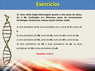 3) Uma célula duplo-heterozigota quanto a dois pares de alelos,
Aa e Bb, localizados em diferentes pares de cromossomos
homólogos, formará por meiose quatro células, sendo
a) uma portadora de A, outra portadora de a, outra de B e outra de
b
b) uma portadora de AB, outra de Ab, outra de aB e outra de ab.
c) uma portadora de AA, outra de Ab, outra de aB e outra de aa.
d) duas portadoras de AB e duas portadoras de ab, ou duas
portadoras de Ab e duas portadoras de aB.
Exercícios
Resposta: Letra b
Prof Zayra Prado Almondes
 
