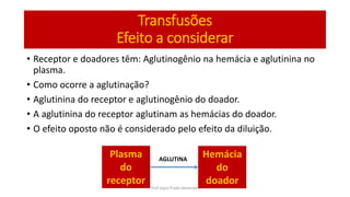 Transfusões
Efeito a considerar
• Receptor e doadores têm: Aglutinogênio na hemácia e aglutinina no
plasma.
• Como ocorre a aglutinação?
• Aglutinina do receptor e aglutinogênio do doador.
• A aglutinina do receptor aglutinam as hemácias do doador.
• O efeito oposto não é considerado pelo efeito da diluição.
Plasma
do
receptor
Hemácia
do
doador
AGLUTINA
Prof Zayra Prado Almondes
 