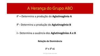 A Herança do Grupo ABO
IA – Determina a produção do Aglutinogênio A
IB - Determina a produção do Aglutinogênio B
i - Determina a ausência dos Aglutinogênios A e B
Relação de Dominância
IA = IB >i
Prof Zayra Prado Almondes
 