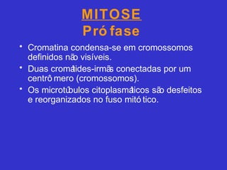 MITOSE
Pró fase
• Cromatina condensa-se em cromossomos
definidos não visíveis.
• Duas cromátides-irmãs conectadas por um
centrô mero (cromossomos).
• Os microtúbulos citoplasmáticos são desfeitos
e reorganizados no fuso mitó tico.
 