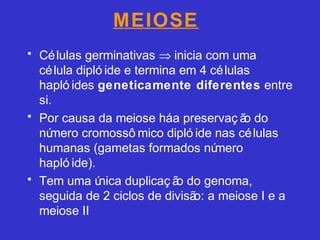 MEIOSE
• Células germinativas ⇒ inicia com uma
célula dipló ide e termina em 4 células
hapló ides geneticamente diferentes entre
si.
• Por causa da meiose háa preservaç ão do
número cromossô mico dipló ide nas células
humanas (gametas formados número
hapló ide).
• Tem uma única duplicaç ão do genoma,
seguida de 2 ciclos de divisão: a meiose I e a
meiose II
 