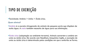 TIPODE EXCREÇÃO 
Toxicidade: Amônia > Uréia> Ácido úrico. 
Quemelimina? 
Amôniaé a excreta nitrogenada de animais de pequeno porte que dispõem de muita água. A ureia também necessita de água para sua eliminação. 
Ácidoúrico(adaptaçãoao ambiente terrestre). Animais convertem a amônia em ureia ou ácido úrico. De acordo com Needham, bioquímico inglês, a excreção de ureia ou ácido úrico é determinada pelas condições em que o embrião se forma.  