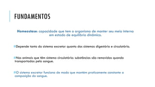 FUNDAMENTOS 
Homeostase: capacidade que tem o organismo de manter seu meio interno em estado de equilíbrio dinâmico. 
#Depende tanto do sistema excretor quanto dos sistemas digestório e circulatório. 
#Nos animais que têm sistema circulatório: substâncias são removidas quando transportadas pelo sangue. 
#O sistema excretor funciona de modo que mantém praticamente constante a composição do sangue.  