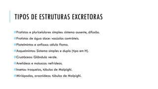 TIPOSDE ESTRUTURASEXCRETORAS 
#Protistase pluricelularessimples: sistemaausente,difusão. 
#Protistasde águadoce: vacúoloscontráteis. 
#Platelmintose anfioxo: célulaflama. 
#Asquelmintos: Sistema simples e duplo(tipoemH). 
#Crustáceos: Glândulaverde. 
#Anelídeose moluscos: nefrídeos. 
#Insetos: traqueias, túbulosde Malpighi. 
#Miriápodos, aracnídeos: túbulosde Malpighi.  