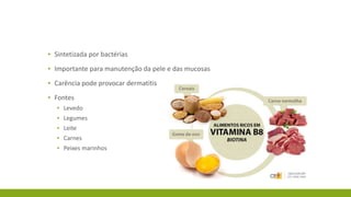 ▪ Sintetizada por bactérias
▪ Importante para manutenção da pele e das mucosas
▪ Carência pode provocar dermatitis
▪ Fontes
▪ Levedo
▪ Legumes
▪ Leite
▪ Carnes
▪ Peixes marinhos
 