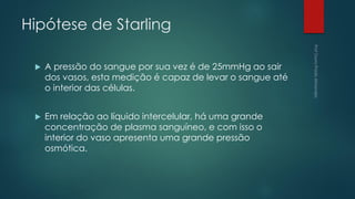 Hipótese de Starling
 A pressão do sangue por sua vez é de 25mmHg ao sair
dos vasos, esta medição é capaz de levar o sangue até
o interior das células.
 Em relação ao líquido intercelular, há uma grande
concentração de plasma sanguíneo, e com isso o
interior do vaso apresenta uma grande pressão
osmótica.
 