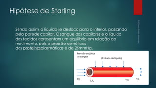 Hipótese de Starling
Sendo assim, o líquido se desloca para o interior, passando
pela parede capilar. O sangue dos capilares e o líquido
dos tecidos apresentam um equilíbrio em relação ao
movimento, pois a pressão osmóticas
das proteínasplasmáticas é de 25mmHg.
 