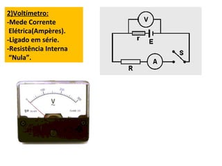 2)Voltímetro:
-Mede Corrente
 Elétrica(Ampères).
-Ligado em série.
-Resistência Interna
 “Nula”.
 