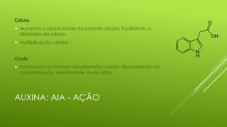 AUXINA: AIA - AÇÃO
Célula
 Aumenta a plasticidade da parede celular, facilitando a
distensão da célula.
 Multiplicação celular.
Caule
 Estimulador ou inibidor da distensão celular, dependendo da
concentração. Geralmente, muito altas.
 
