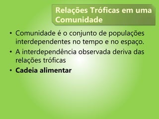 • Comunidade é o conjunto de populações
interdependentes no tempo e no espaço.
• A interdependência observada deriva das
relações tróficas
• Cadeia alimentar
Relações Tróficas em uma
Comunidade
 