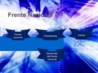 Frente Nacional


  Frente                   Inicios
            Presidentes
 nacional




              Desarrollo
              del frente
               nacional
 