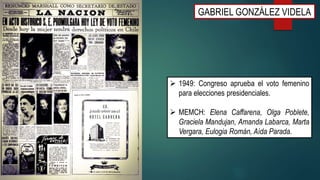 GABRIEL GONZÁLEZ VIDELA
 1949: Congreso aprueba el voto femenino
para elecciones presidenciales.
 MEMCH: Elena Caffarena, Olga Poblete,
Graciela Mandujan, Amanda Labarca, Marta
Vergara, Eulogia Román, Aída Parada.
 