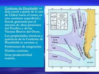 Corriente de Humboldt : se deja sentir a partir de la isla de Chiloé hacia el norte; es una corriente superficial y litoral, generada por el sistema de altas presiones del Pacífico y de los Vientos Bravos del Oeste. Las propiedades térmicas y químicas de la Corriente de Humboldt se asocian a: Fenómenos de surgencias. Nieblas costeras. Gran productividad marina. 