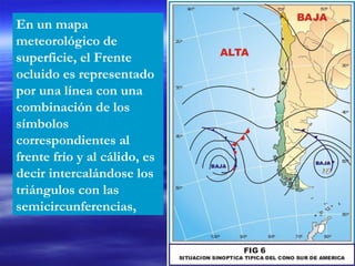 En un mapa meteorológico de superficie, el Frente ocluido es representado por una línea con una combinación de los símbolos correspondientes al frente frío y al cálido, es decir intercalándose los triángulos con las semicircunferencias,  