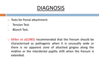 DIAGNOSIS
 Tests for frenal attachment:
1. Tension Test.
2. Blanch Test.
 Miller et al(1985) recommended that the frenum should be
characterised as pathogenic when it is unusually wide or
there is no apparent zone of attached gingiva along the
midline or the interdental papilla shift when the frenum is
extended.
 
