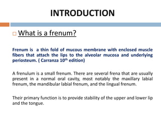 INTRODUCTION
 What is a frenum?
Frenum is a thin fold of mucous membrane with enclosed muscle
fibers that attach the lips to the alveolar mucosa and underlying
periosteum. ( Carranza 10th edition)
A frenulum is a small frenum. There are several frena that are usually
present in a normal oral cavity, most notably the maxillary labial
frenum, the mandibular labial frenum, and the lingual frenum.
Their primary function is to provide stability of the upper and lower lip
and the tongue.
 