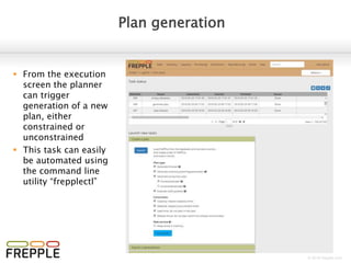 © 2016 frepple.com
Plan review - Inventory report
 Shows the material
production and consumption
per time bucket
 Time buckets and horizon
are configurable
 Toggle between grid and
graph display
 Drill down to inventory detail
report for details on each
planned operation
 