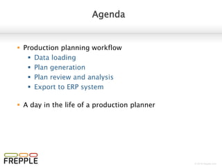 © 2016 frepple.com
Cockpit screen
 All users workflows
start their work on the
cockpit screen
 Every user can
configure a personal
dashboard with the
widgets that fit his/her
tasks
 For a production
planner the following
widgets can be useful:
 Purchase orders
 Manufacturing
orders
 Distribution orders
 Late orders
 Resource utilization
 Delivery performance
 