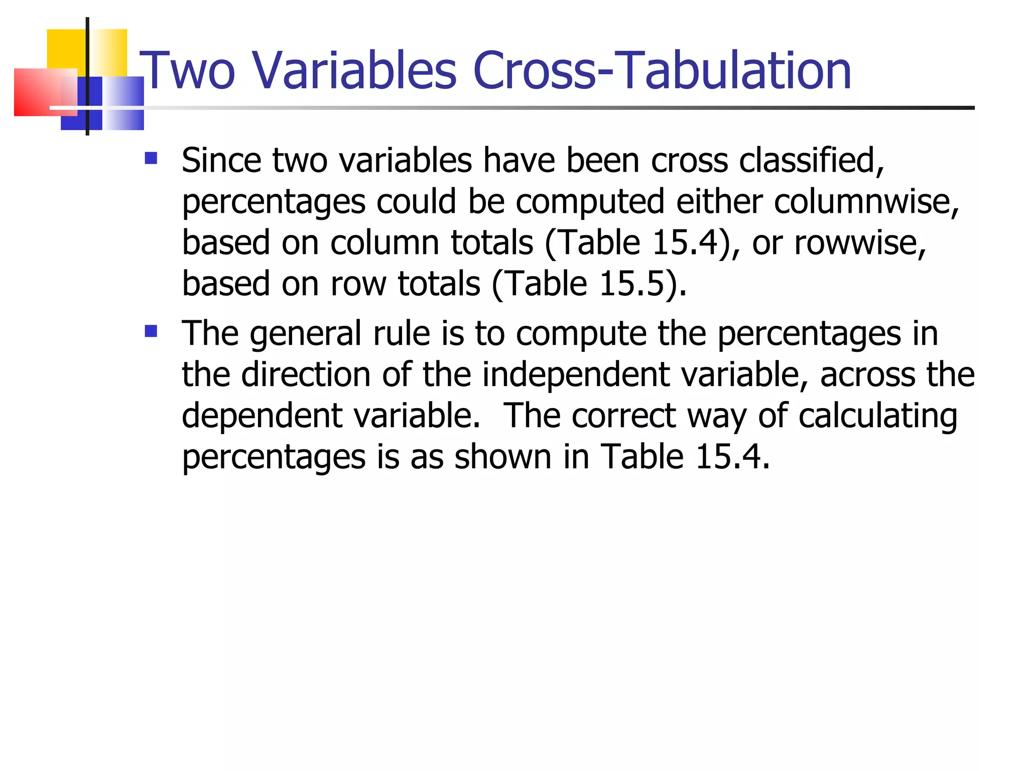Two Variables Cross-Tabulation Since two variables have been cross classified, percentages could be computed either columnwise, based on column totals (Table 15.4), or rowwise, based on row totals (Table 15.5).  The general rule is to compute the percentages in the direction of the independent variable, across the dependent variable.  The correct way of calculating percentages is as shown in Table 15.4.  